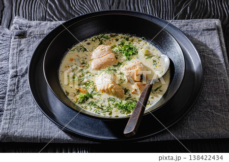 swedish laxsoppa creamy salmon soup in a bowl swedish laxsoppa creamy salmon soup in a bowl 138422434
