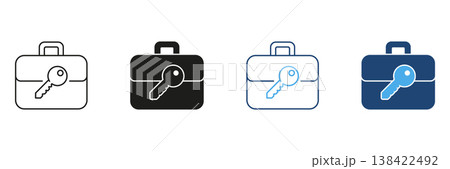 Briefcase With Key Icon Set. Security, Access Control, And Business Confidentiality Outline And Silhouette Symbol Collection. Secure Document Management. Isolated Vector Illustration 138422492