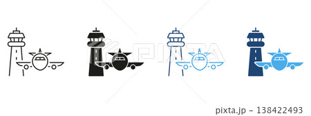 Airplane And Control Tower Icon Set. Aviation Management And Airport Operations Outline And Silhouette Symbol Collection. Flight Navigation And Air Traffic Control. Isolated Vector Illustration 138422493