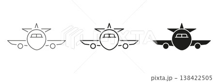 Airplane Front View Line And Solid Icon Set. Aviation, Travel, And Transportation Outline And Silhouette Symbol Collection. Aircraft Design And Flight Concept. Isolated Vector Illustration 138422505