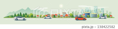 Urban Landscape Street Road with Cars and Mountain City Skyline Background Urban Landscape Street Road with Cars and Mountain City Skyline Background 138422582