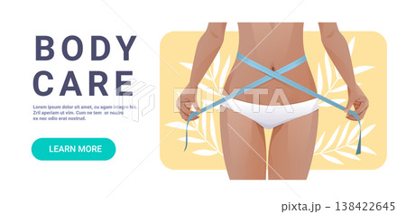 Body care slim waist woman measuring tape healthy lifestyle wellness abstract leaves yellow background website banner Body care slim waist woman measuring tape healthy lifestyle wellness abstract leaves yellow background website banner 138422645