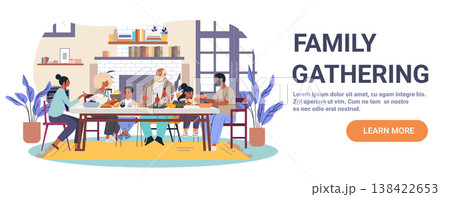 Family dinner gathering people eating together home kitchen table food diverse group cozy interior plants books window 138422653