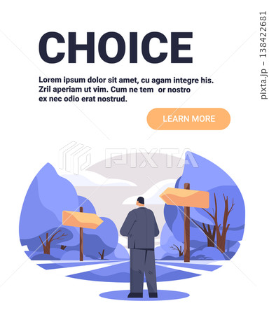 Choice decision making business person at crossroads standing at forked road with direction signs in blue landscape website banner 138422681