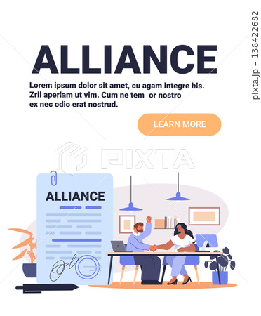 Alliance partnership agreement business people handshake contract signing office workspace modern decor document signature 138422682
