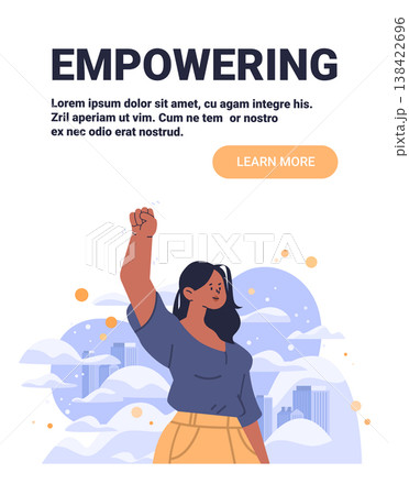 Empowering woman raising fist confidence achievement clouds city modern flat design website banner 138422696