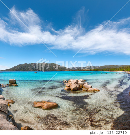 Breathtaking view of beach of Santa Giulia resort. Breathtaking view of beach of Santa Giulia resort. 138422710