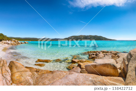 Breathtaking view of beach of Santa Giulia resort. Breathtaking view of beach of Santa Giulia resort. 138422712