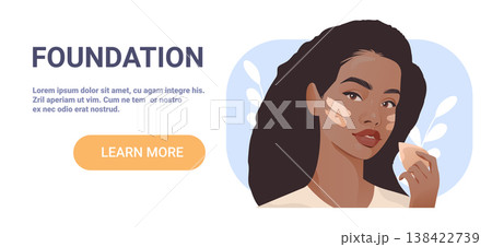Foundation makeup application woman beauty routine skincare face closeup sponge leaves pastel background website banner 138422739