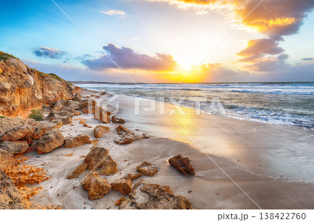 Unbelivable view of  sunset on beach Capo San Marco Oristano on Del Sinis peninsula. 138422760