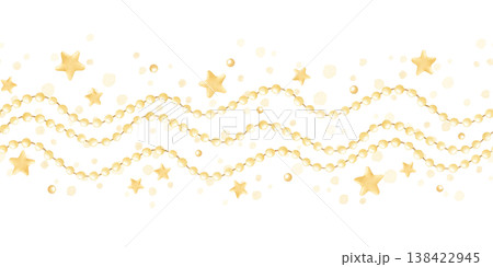 Fairy gold stars and light garland watercolor seamless border on white. Cute pastel yellow stars in simple cartoon style for nursery decor and Christmas designs. Hand drawn background with starry sky 138422945