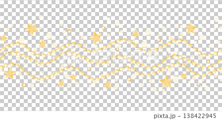 Fairy gold stars and light garland watercolor seamless border on white. Cute pastel yellow stars in simple cartoon style for nursery decor and Christmas designs. Hand drawn background with starry sky 138422945