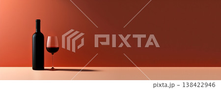 Minimalist red wine bottle and glass on a warm terracotta background. Elegant still life mockup with red wine and long shadow, panoramic banner with large copy space 138422946