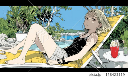 プールサイドのデッキチェアでくつろぐ若い女性｜夏のリゾートとリラックスライフスタイルイメージ