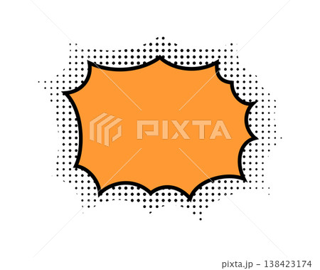 Blank orange speech bubble with dotted halftone background in cartoon style. Comic dialogue label. Empty textbox, message cloud, emphasis or explosion anime book or movie effect. Vector illustration 138423174