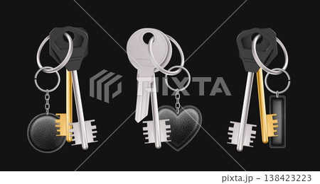Silver metal keys bunch with ring, leather pendant Silver metal keys bunch with ring, leather pendant 138423223