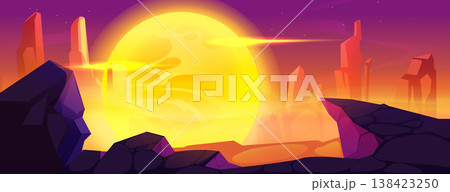 Alien planet landscape, rocky mountains, moon view Alien planet landscape, rocky mountains, moon view 138423250