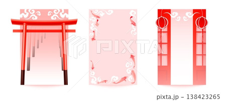 Japanese cards with torii gate, koi fish 138423265