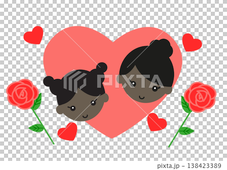 母親節：一幅插圖，描繪了一個黑人女孩、她的母親和一朵朵玫瑰花，它們被放置在一個心形圖案中。 138423389