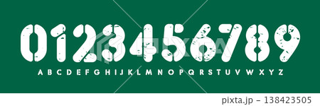 Bold stencil numbers and letters set, worn font alphabet on green background. Grunge urban typography for poster, logo, branding, label, bold block design. Block fonts collection. Vector illustration. 138423505