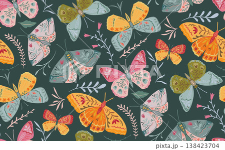 Vector seamless pattern with ornate butterflies, flowers and plants. Folk art floral natural endless background. 138423704