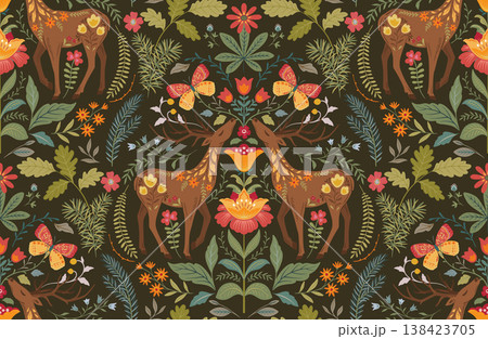 Vector seamless pattern with ornate deer, butterflies, flowers, plants forest tree branches. Folk art floral natural endless background. 138423705