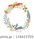 Vector hand drawn frame with animals in folk Nordic Scandinavian style. Fox, rabbits and tree branches in floral wreath 138423709
