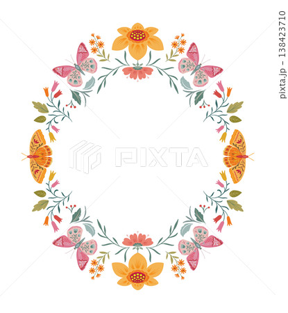 Postcard or poster made from folk art elements. Folk vector illustration, floral frame on white background. Hand drawn folk flowers and butterflies. Scandinavian traditional motif 138423710