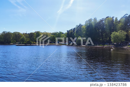 Serene lake surface reflecting sky and surrounding environment. Ideal for relaxation themes, backgrounds, and scenic photography. 138423786