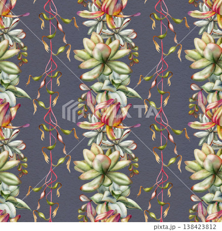 Stripes of sedum succulent rosettes, Leucadendron protea buds, trailing exotic bromeliad vines in seamless pattern hand drawn in watercolor. Reusable shopping bag designs, phone and tablet wallpapers Stripes of sedum succulent rosettes, Leucadendron protea buds, trailing exotic bromeliad vines in seamless pattern hand drawn in watercolor. Reusable shopping bag designs, phone and tablet wallpapers 138423812