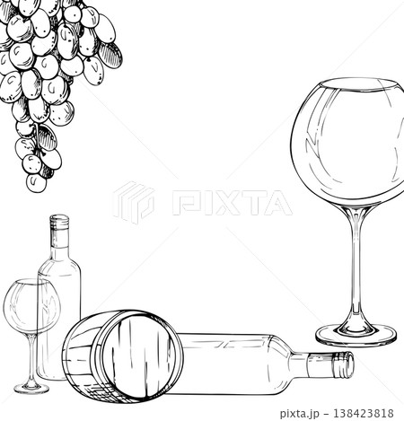 Bottle, wooden cask barrel and balloon glass, hanging grape fruit bunch. Hand drawn ink vector frame illustration. Vineyard weddings, wine tasting notebooks, Winery landing pages, e-commerce visuals Bottle, wooden cask barrel and balloon glass, hanging grape fruit bunch. Hand drawn ink vector frame illustration. Vineyard weddings, wine tasting notebooks, Winery landing pages, e-commerce visuals 138423818