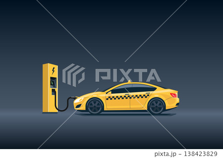 Yellow Electric Taxi Car Charging at the Charging Station Yellow Electric Taxi Car Charging at the Charging Station 138423829