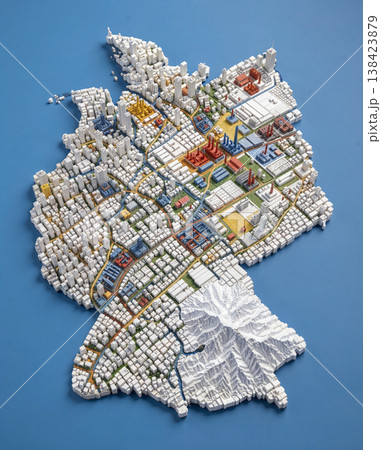 Miniature cityscape shaped as Germany map on flat background - ai generated 138423879