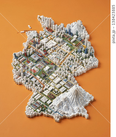 Miniature cityscape shaped as Germany map on flat background - ai generated 138423885