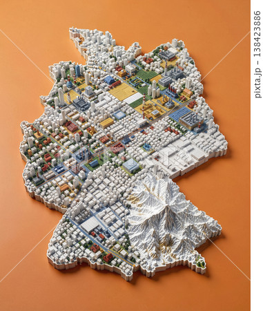 Miniature cityscape shaped as Germany map on flat background - ai generated 138423886