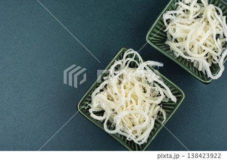 Dried Squid Strips in Bowl, Asian Seafood Snack. 138423922