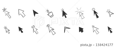 Arrow click icon. Mouse cursor arrow doodle hand drawn sketch icon set, pointer press here tap button. Scribble action type ui interface design element Arrow click icon. Mouse cursor arrow doodle hand drawn sketch icon set, pointer press here tap button. Scribble action type ui interface design element 138424177