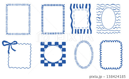 Coastal blue frame, whimsical sketch hand drawn borders set. Line doodle vintage postcard stamp minimalist coquette . mediterranean elements for menu, wedding, prints, invitation. 138424185