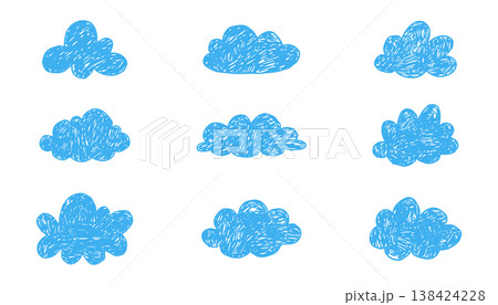 Crayon cloud hand drawn naive kids, baby, school background design. Childlike scribble blue clouds drawn with chalk weather elements, kid drawings. Crayon cloud hand drawn naive kids, baby, school background design. Childlike scribble blue clouds drawn with chalk weather elements, kid drawings. 138424228