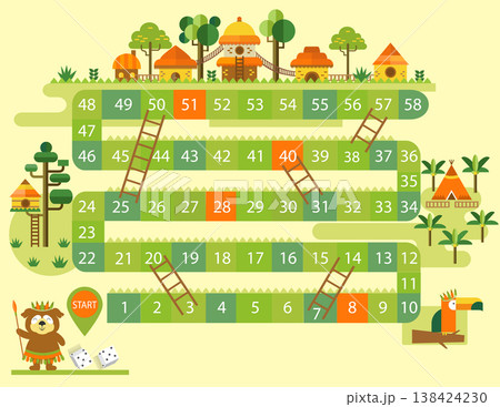 World tour board game template,Funny frame, ladders game, Vector illustrations. 138424230