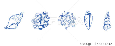 Blue seashells and starfish set sketch hand drawn illustrations, coastal illustration. Minimalist line art. Summer vacation design elements for trendy prints, Blue seashells and starfish set sketch hand drawn illustrations, coastal illustration. Minimalist line art. Summer vacation design elements for trendy prints, 138424242