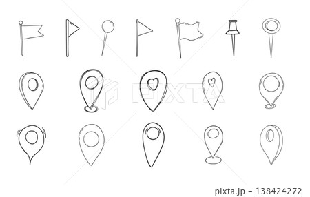 Doodle Location Pin set, pin line hand drawn for planner or map. Gps Navigation Markers pinpoints, tags, flag icons.  138424272