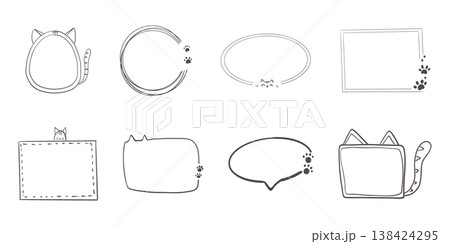 Empty cute cat or dog, pet frame set, speech bubble with ears and tail, border with paw print. Doodle sketch hand drawn elements. Footprint badge, border divider.  138424295