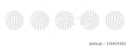 Globe grid spheres. Striped 3D spheres, geometry globe grid, Striped 3D orbs, Earth longitude and latitude line wireframe spheres, Earth globe hemispheres set. Geometry globe grid, 138424363