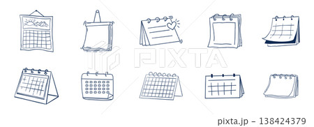 Calendar blank template in doodle style, sketch hand drawn clip art for planning, diary, sticker. Hanging line schedule planner. Reminder and calendar with a check. 138424379