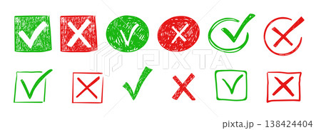 Check mark crayon scribble doodle, chalk texture, checkmark and red cross icon set, circle and square. Tick symbol. sketch checkboxes. Check mark crayon scribble doodle, chalk texture, checkmark and red cross icon set, circle and square. Tick symbol. sketch checkboxes. 138424404