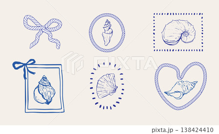 Coastal seashell retro blue stamp, marine nautical theme. Minimalist retro sea print designs sketch with outline seashells illustrations in whimsical frames 138424410
