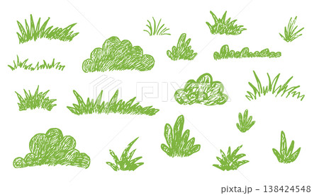 Green lawn grass with crayon, pastel or chalk texture childlike drawing. Bushes and shrubbery pencil sketched scribble foliage elements 138424548