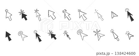 Arrow click icon. Mouse cursor arrow doodle hand drawn sketch icon set, pointer press here tap button. Scribble action type ui interface design element  138424600
