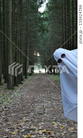 Person in Ghost Costume Walking on a Forest Path 138424766
